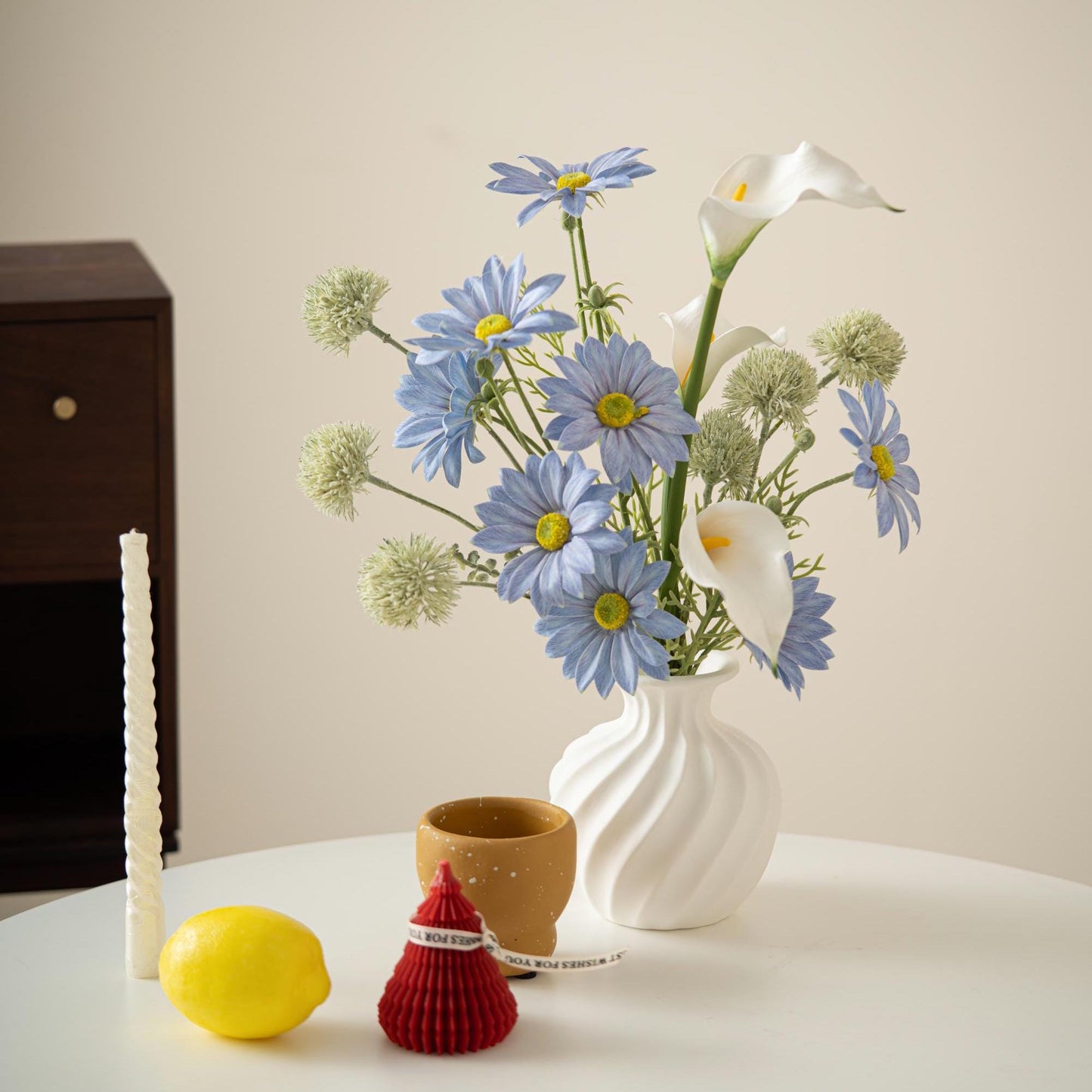 Handmade Ceramic Vase with Swirl Texture | Wabi-Sabi British Pottery | Matte White Home Decor for Fresh & Dried Flowers