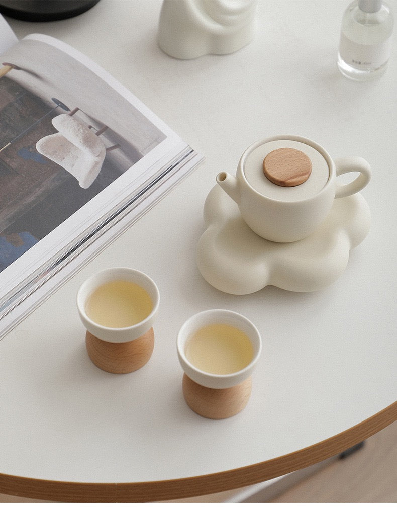 Cloud Whisper: Handcrafted Cream Glazed Ceramic Tea Set with Wooden Accents | Gift-Ready for Tea Lovers