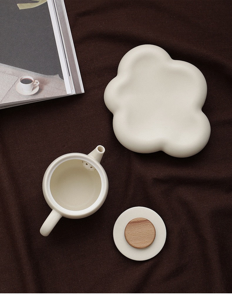 Cloud Whisper: Handcrafted Cream Glazed Ceramic Tea Set with Wooden Accents | Gift-Ready for Tea Lovers