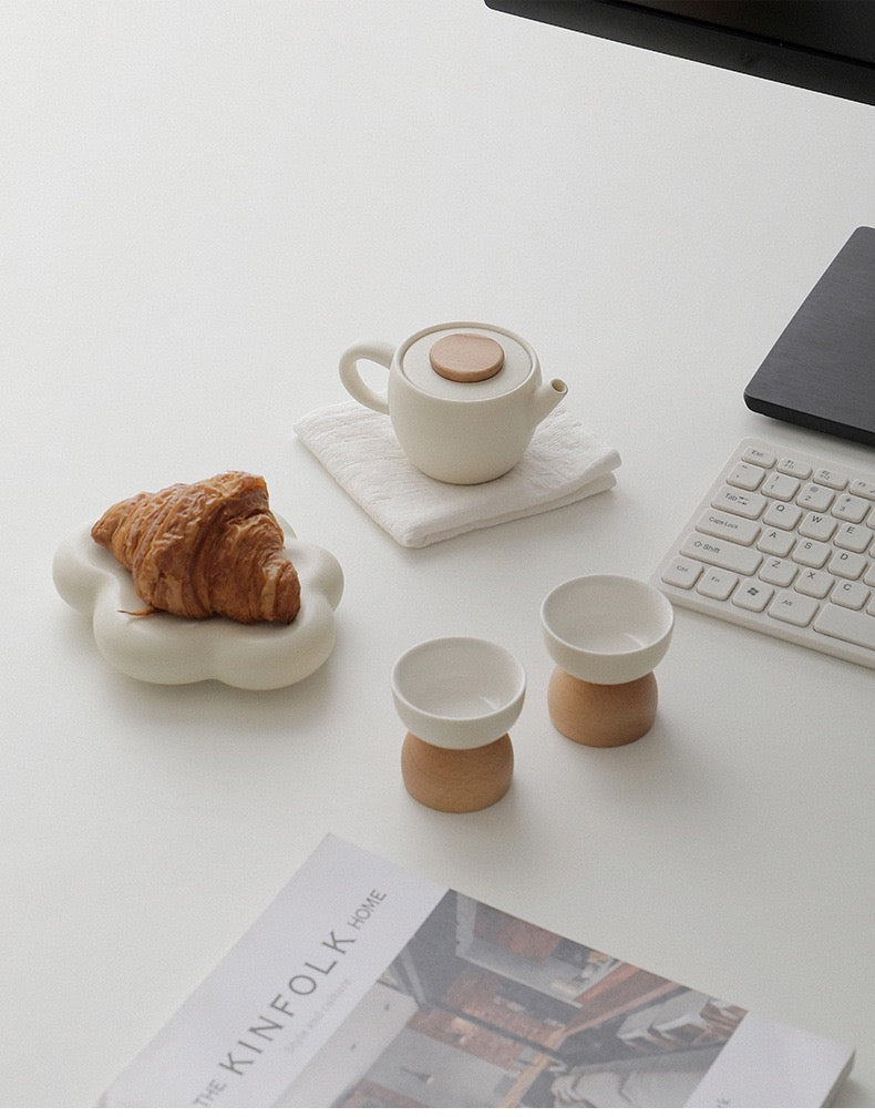 Cloud Whisper: Handcrafted Cream Glazed Ceramic Tea Set with Wooden Accents | Gift-Ready for Tea Lovers