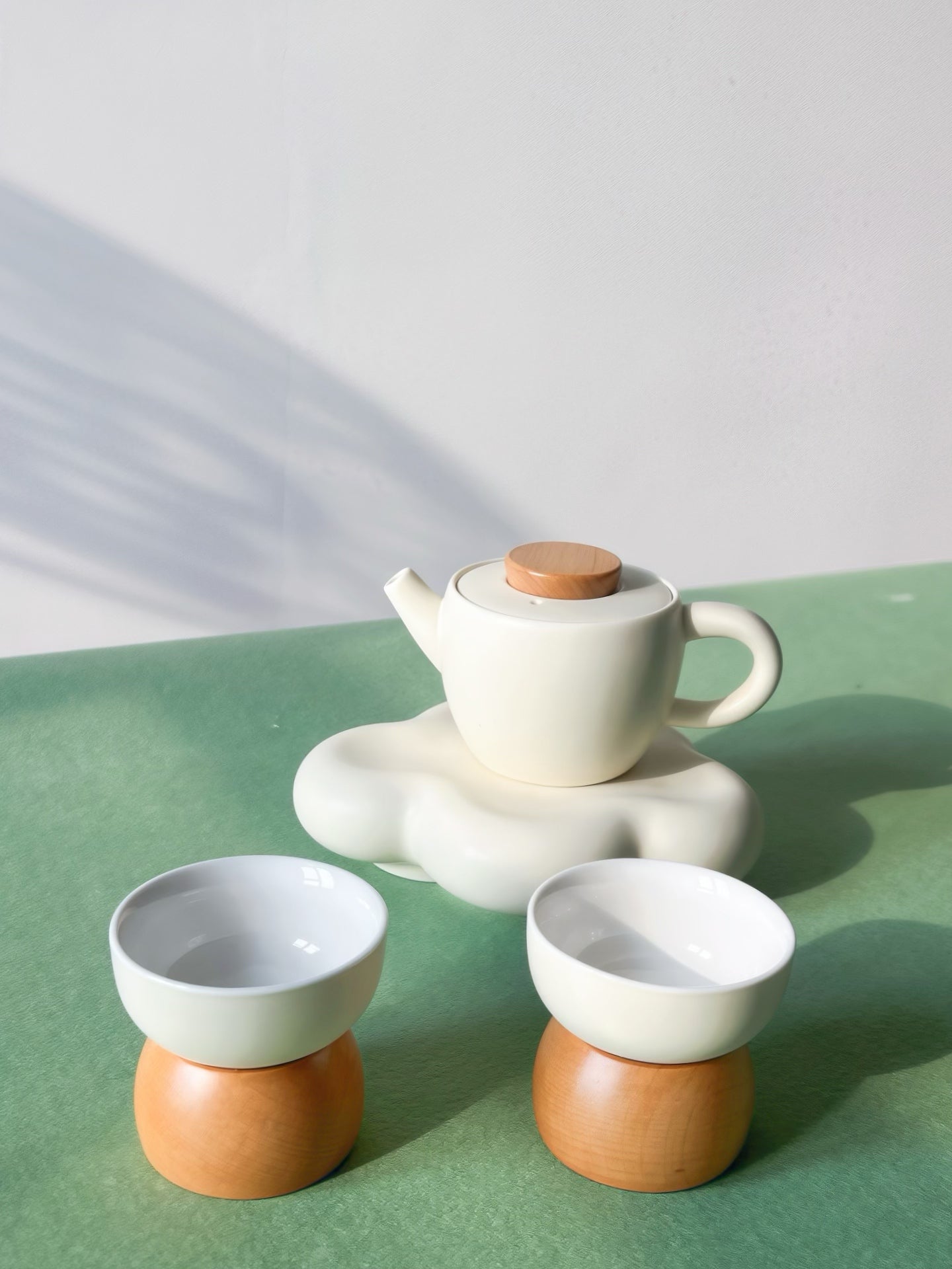 Cloud Whisper: Handcrafted Cream Glazed Ceramic Tea Set with Wooden Accents | Gift-Ready for Tea Lovers