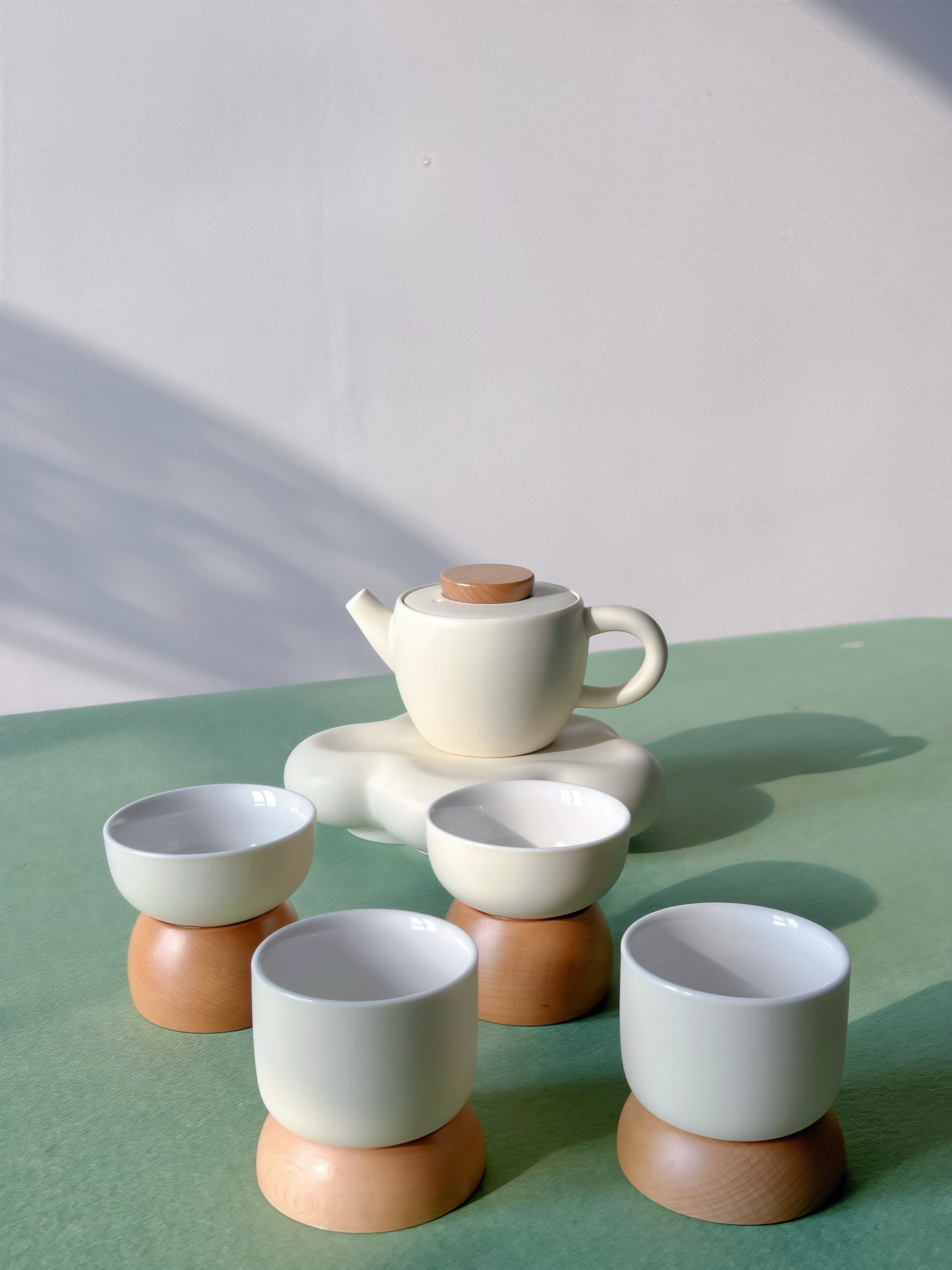 Cloud Whisper: Handcrafted Cream Glazed Ceramic Tea Set with Wooden Accents | Gift-Ready for Tea Lovers