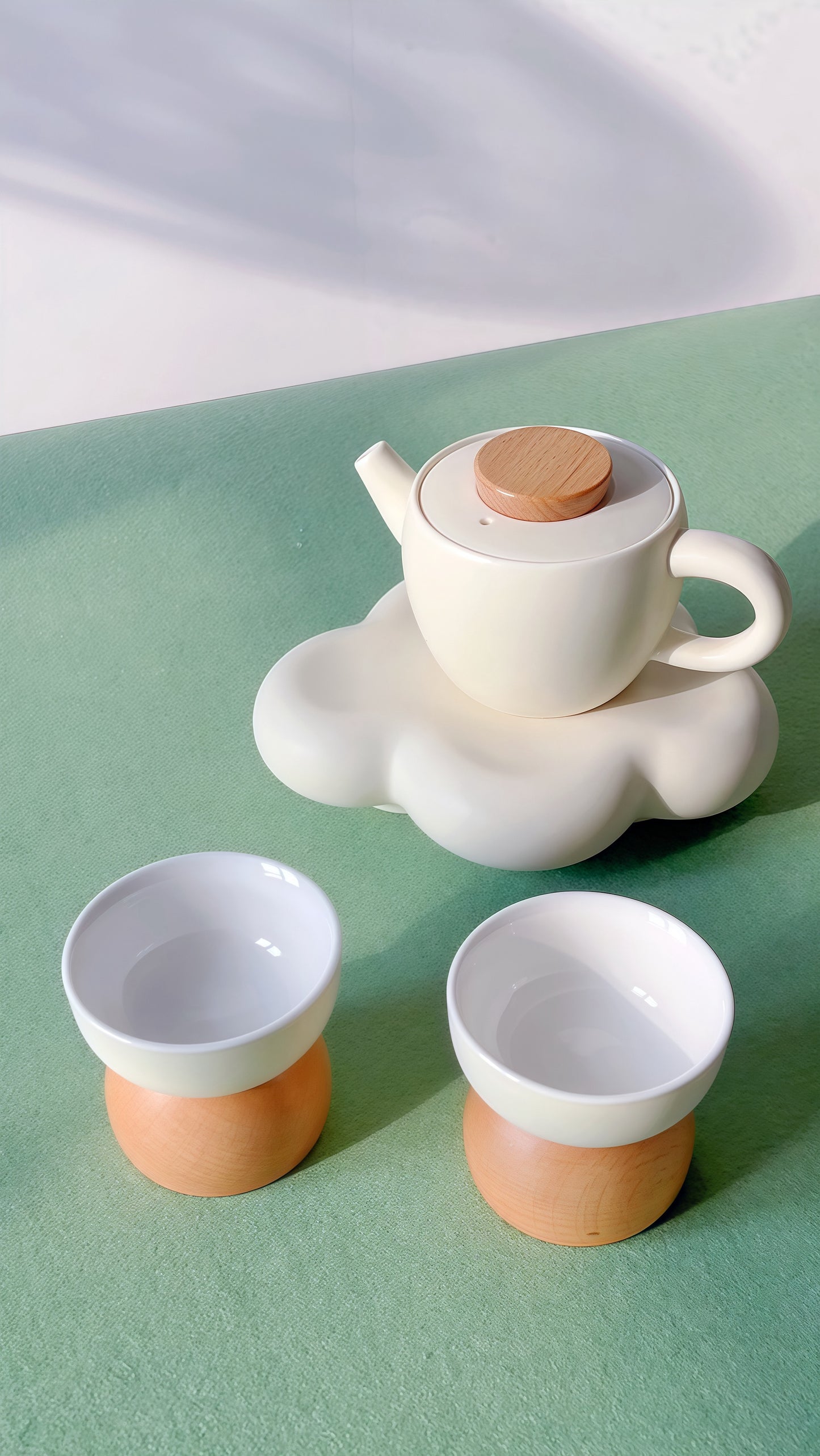 Cloud Whisper: Handcrafted Cream Glazed Ceramic Tea Set with Wooden Accents | Gift-Ready for Tea Lovers