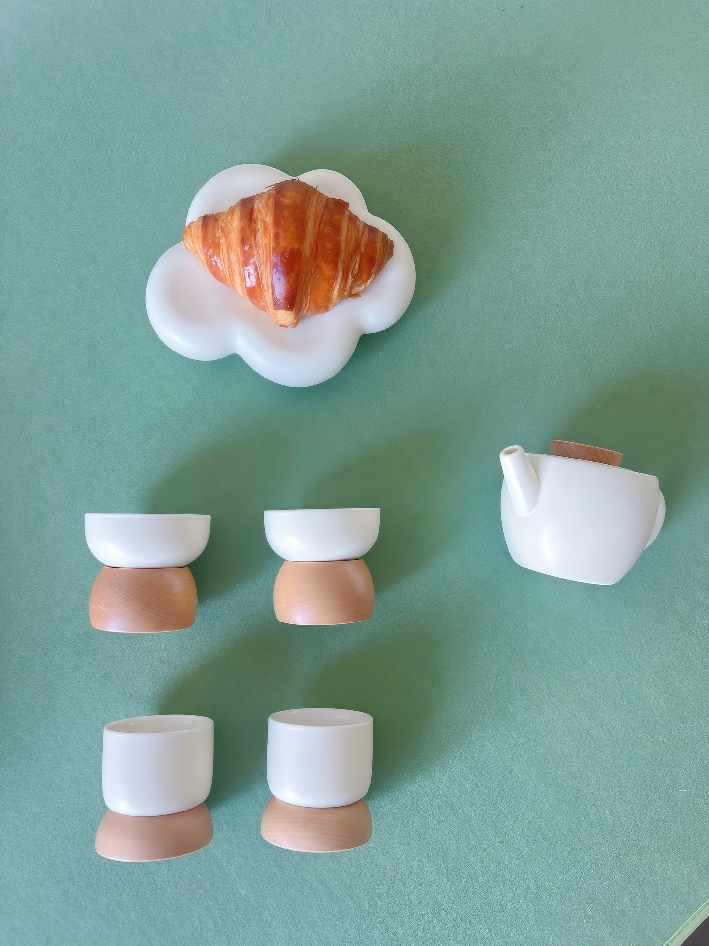 Cloud Whisper: Handcrafted Cream Glazed Ceramic Tea Set with Wooden Accents | Gift-Ready for Tea Lovers