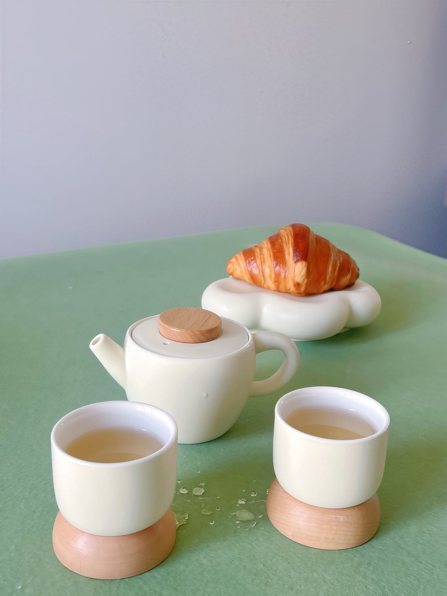 Cloud Whisper: Handcrafted Cream Glazed Ceramic Tea Set with Wooden Accents | Gift-Ready for Tea Lovers