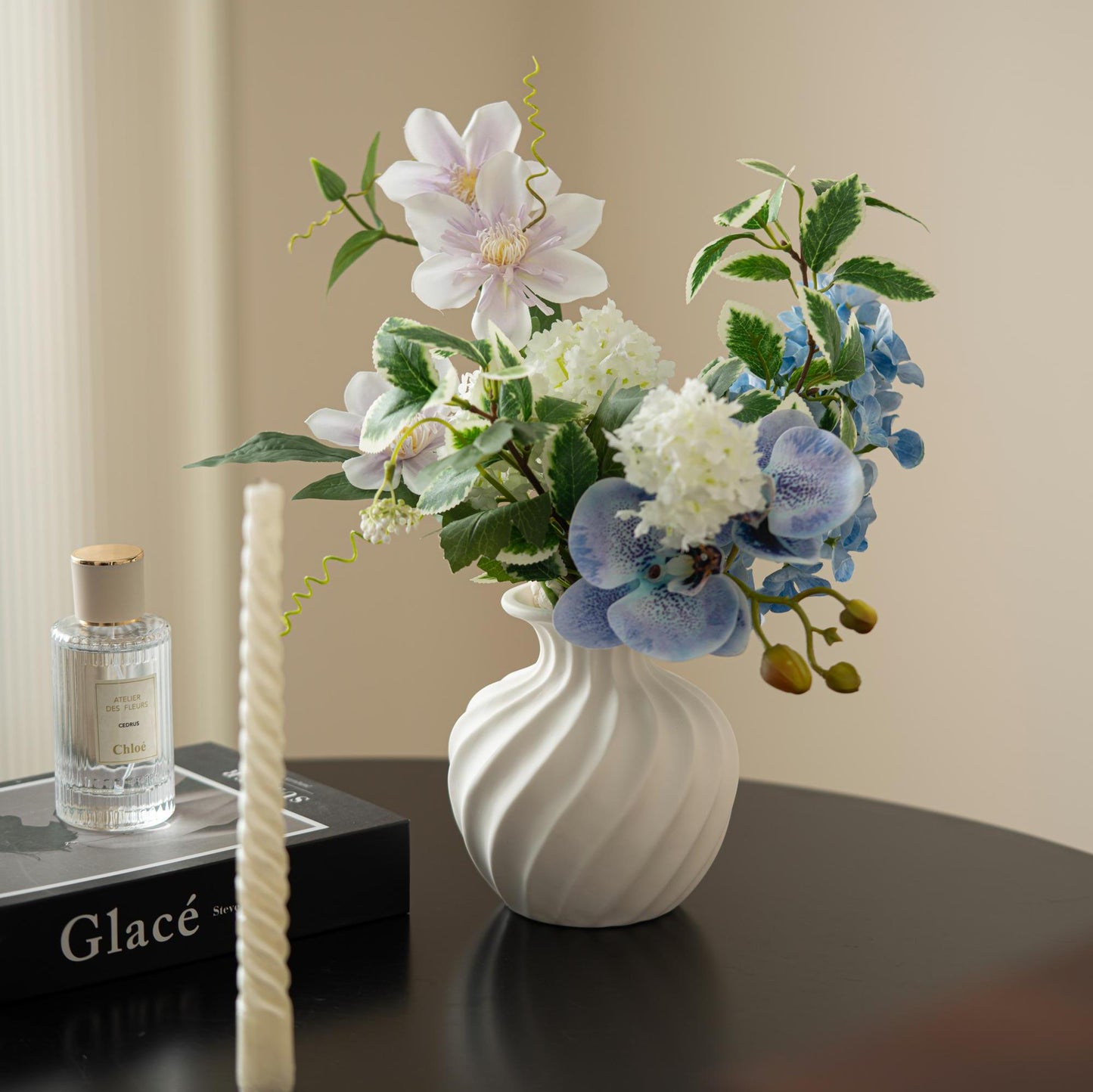 Handmade Ceramic Vase with Swirl Texture | Wabi-Sabi British Pottery | Matte White Home Decor for Fresh & Dried Flowers