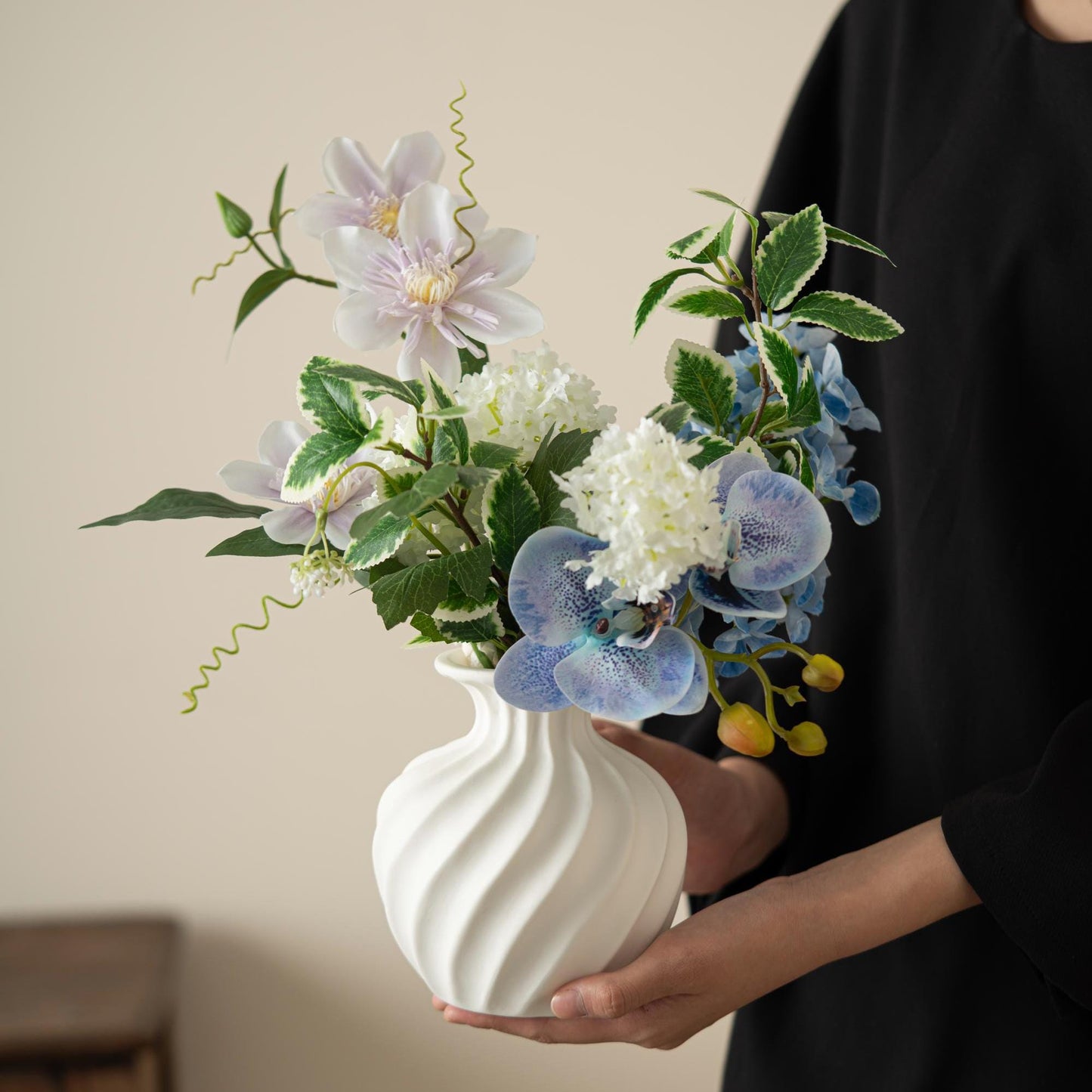 Handmade Ceramic Vase with Swirl Texture | Wabi-Sabi British Pottery | Matte White Home Decor for Fresh & Dried Flowers