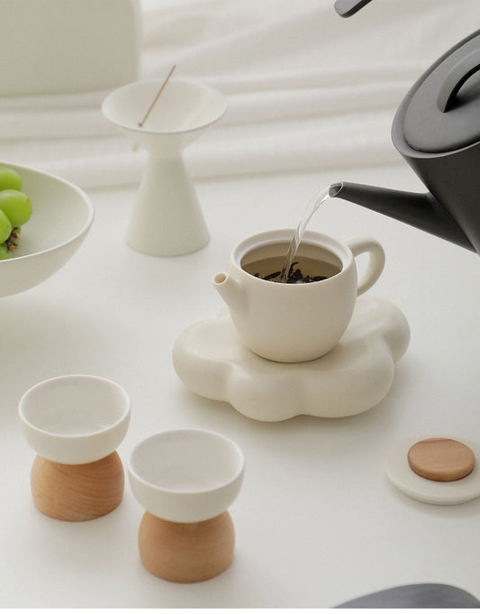 Cloud Whisper: Handcrafted Cream Glazed Ceramic Tea Set with Wooden Accents | Gift-Ready for Tea Lovers