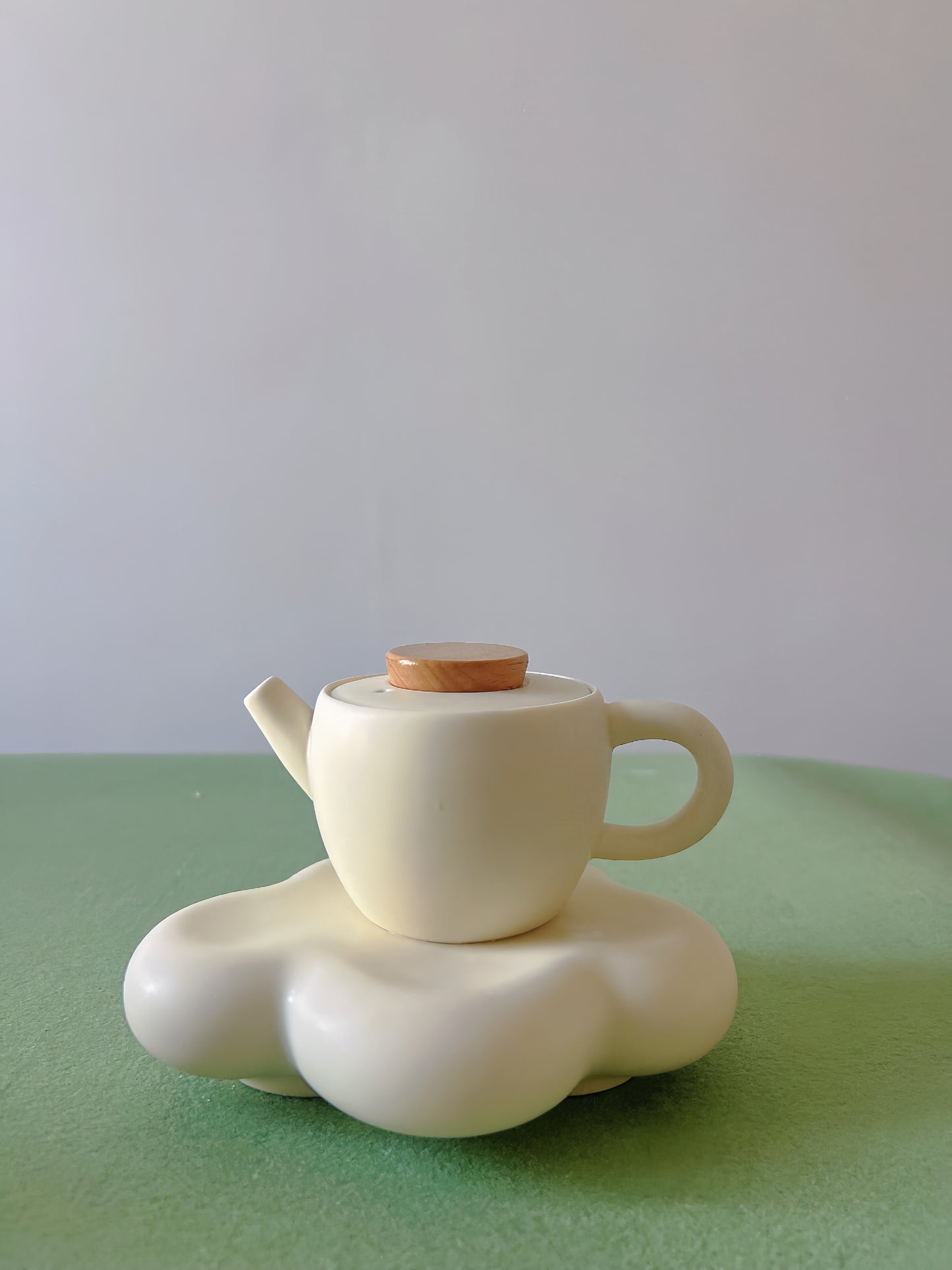 Cloud Whisper: Handcrafted Cream Glazed Ceramic Tea Set with Wooden Accents | Gift-Ready for Tea Lovers