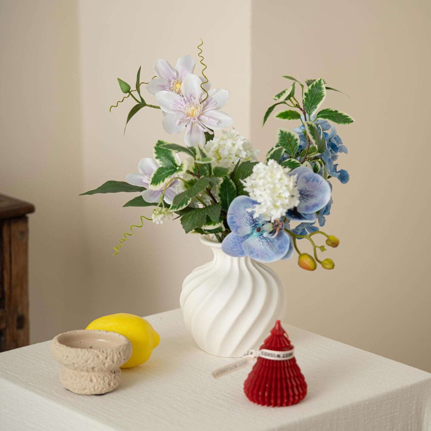 Handmade Ceramic Vase with Swirl Texture | Wabi-Sabi British Pottery | Matte White Home Decor for Fresh & Dried Flowers