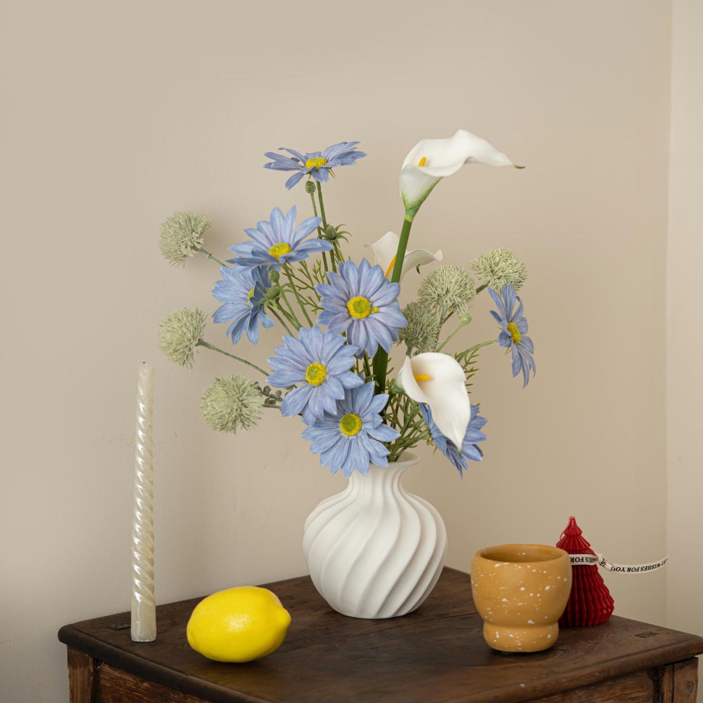 Handmade Ceramic Vase with Swirl Texture | Wabi-Sabi British Pottery | Matte White Home Decor for Fresh & Dried Flowers